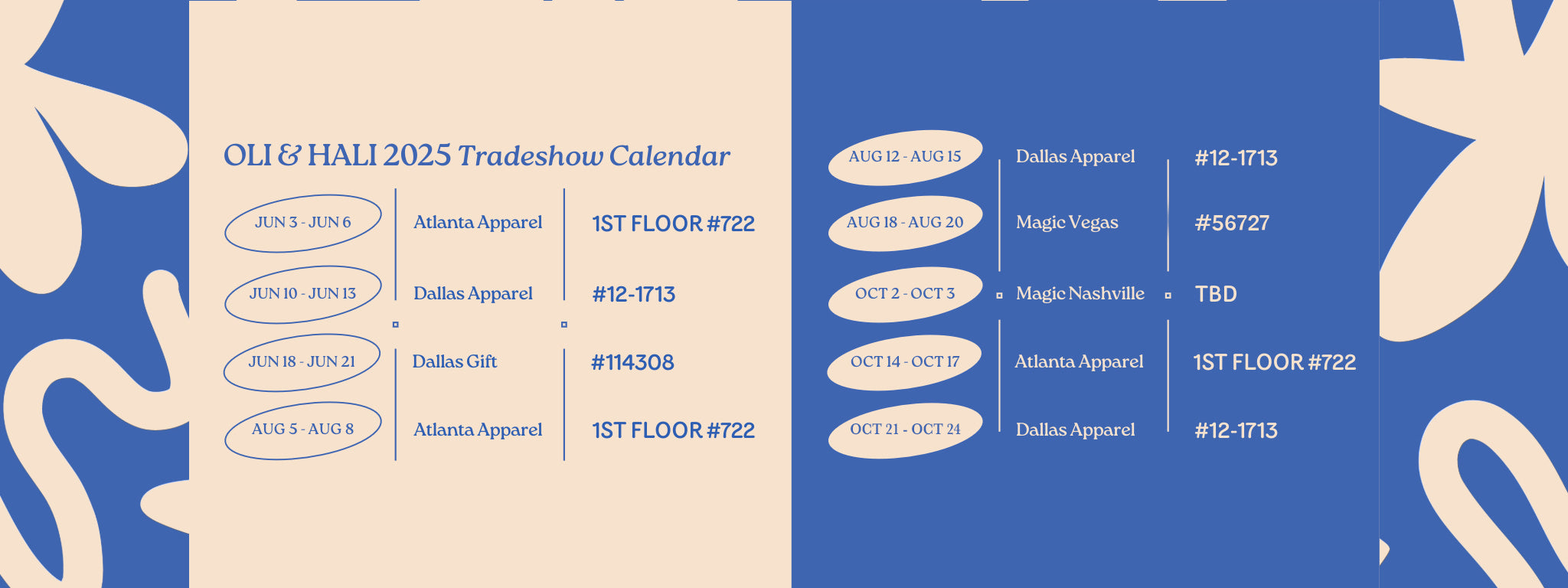 Tradeshow calendar for OLI & HALI 2025 with event details on a blue and beige background.